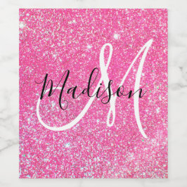 Girly Glam Hot Pink Glitzer Glitzern Monogram Name Weinetikett