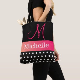 Girly Glam Hot Pink und schwarzer Monogram Name Tasche