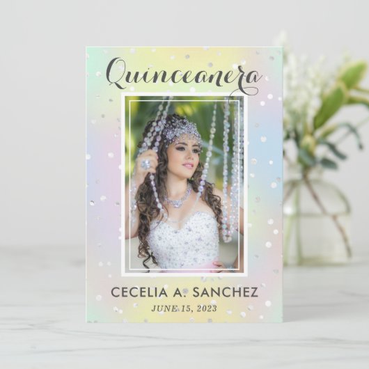 Girly Glam Irridescent Pink Foto Quinceanera Einladung (Stehend Vorderseite)