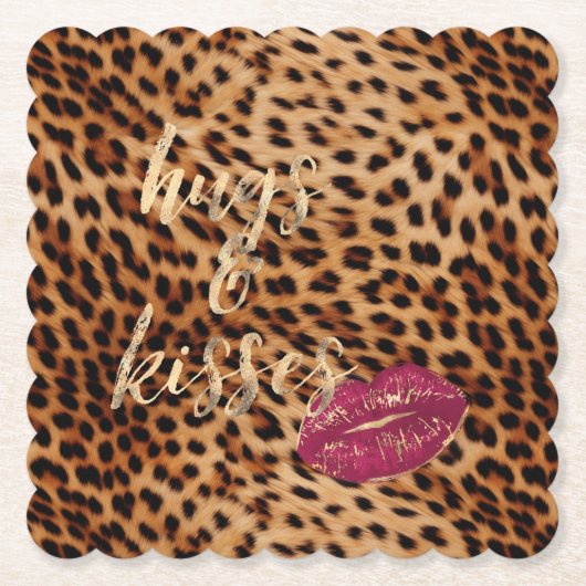 Girly Glam Leopard Hugs & Kisses Lips Untersetzer (Vorderseite)