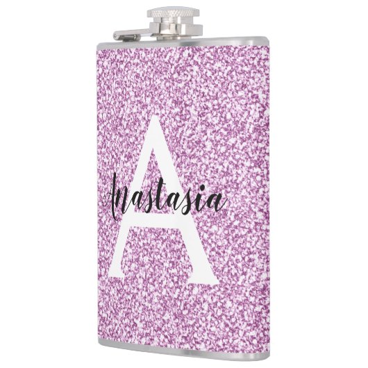 Girly Glam Lila Glitzer Glitzern Monogram Name Flachmann (Links)