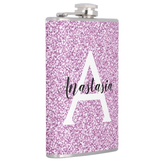 Girly Glam Lila Glitzer Glitzern Monogram Name Flachmann (Rechts)