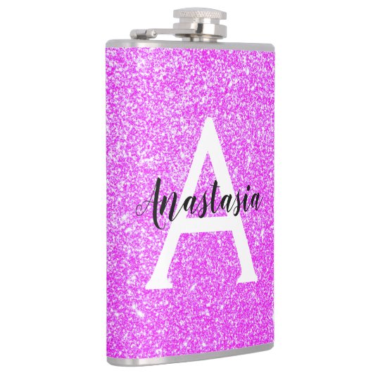 Girly Glam Lila Glitzer Glitzern Monogram Name Flachmann (Rechts)