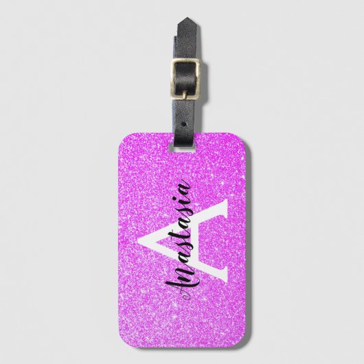 Girly Glam Lila Glitzer Glitzern Monogram Name Gepäckanhänger (Vorderseite Vertikal)