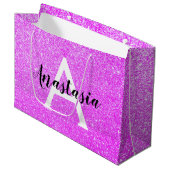 Girly Glam Lila Glitzer Glitzern Monogram Name Große Geschenktüte (Vorderseite Schrägansicht)