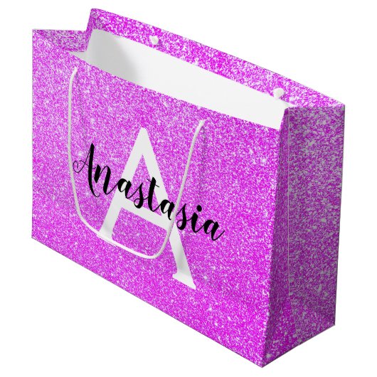 Girly Glam Lila Glitzer Glitzern Monogram Name Große Geschenktüte (Vorderseite Schrägansicht)