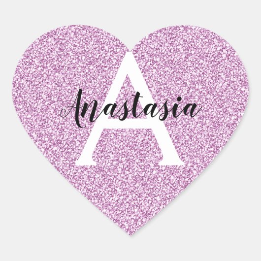 Girly Glam Lila Glitzer Glitzern Monogram Name Herz-Aufkleber (Vorderseite)
