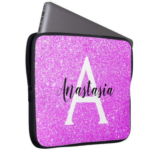 Girly Glam Lila Glitzer Glitzern Monogram Name Laptopschutzhülle (Vorne Rechts)