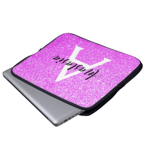 Girly Glam Lila Glitzer Glitzern Monogram Name Laptopschutzhülle (Vorne Knopf)