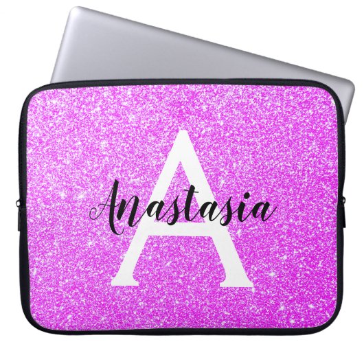 Girly Glam Lila Glitzer Glitzern Monogram Name Laptopschutzhülle (Vorderseite)