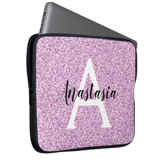 Girly Glam Lila Glitzer Glitzern Monogram Name Laptopschutzhülle (Vorne Rechts)