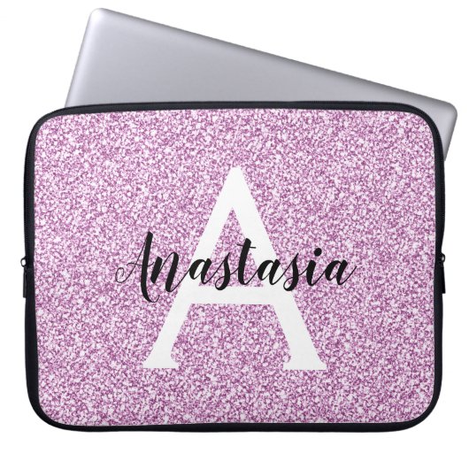 Girly Glam Lila Glitzer Glitzern Monogram Name Laptopschutzhülle (Vorderseite)