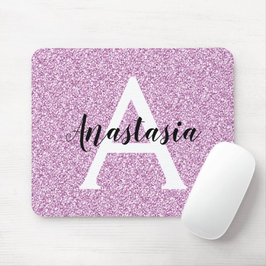 Girly Glam Lila Glitzer Glitzern Monogram Name Mousepad (Mit Mouse)