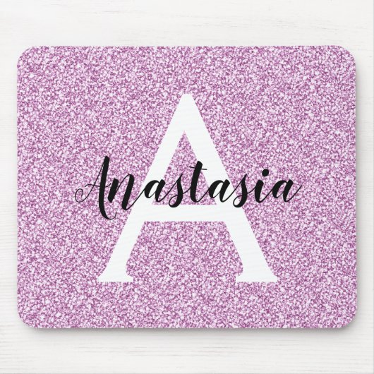 Girly Glam Lila Glitzer Glitzern Monogram Name Mousepad (Vorne)