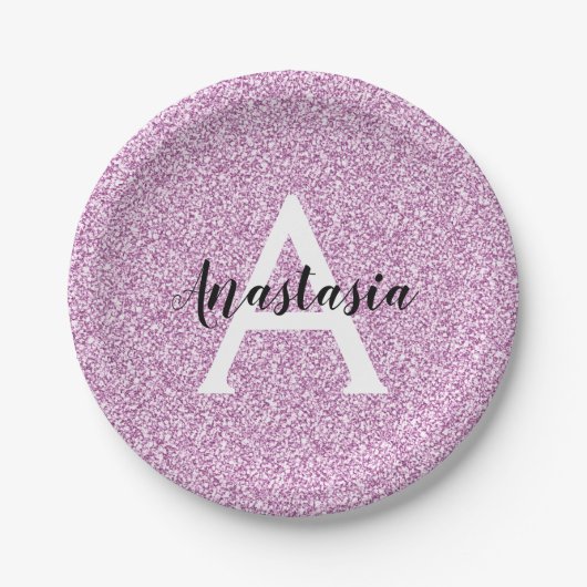 Girly Glam Lila Glitzer Glitzern Monogram Name Pappteller (Vorderseite)