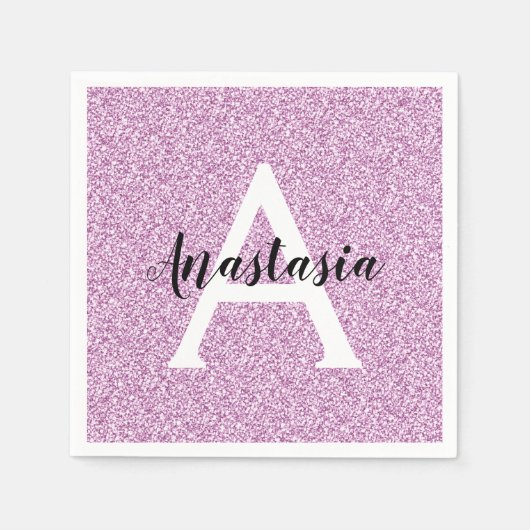 Girly Glam Lila Glitzer Glitzern Monogram Name Serviette (Vorderseite)