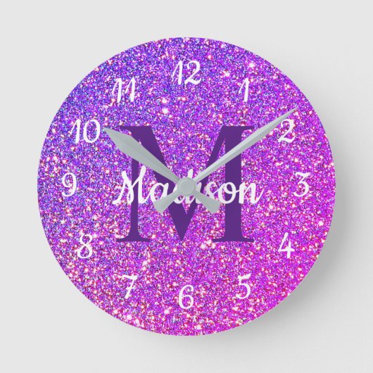 Girly Glam Lila Glitzer Monogram Personalisiert Runde Wanduhr (Vorderseite)