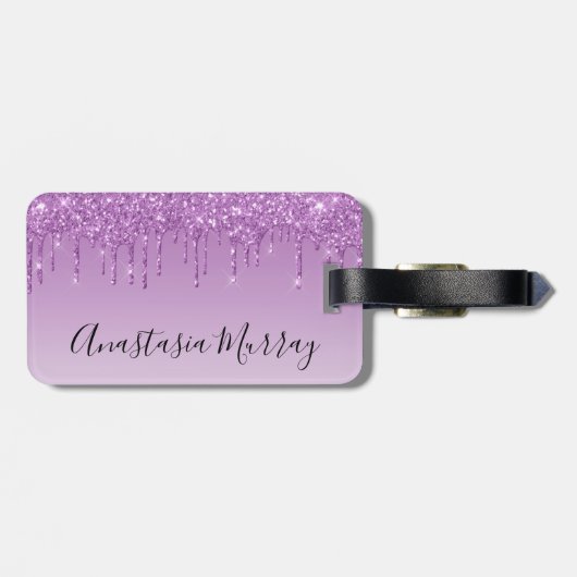 Girly & Glam Lila Lilac Glitzer Tropfen Name Gepäckanhänger (Rückseite horizontal)