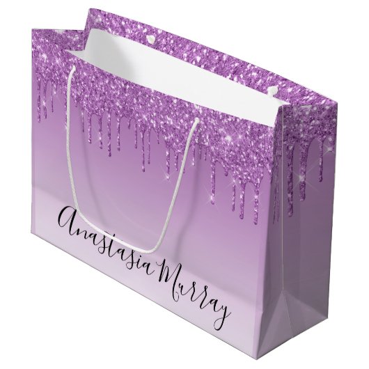Girly & Glam Lila Lilac Glitzer Tropfen Name Große Geschenktüte (Vorderseite Schrägansicht)