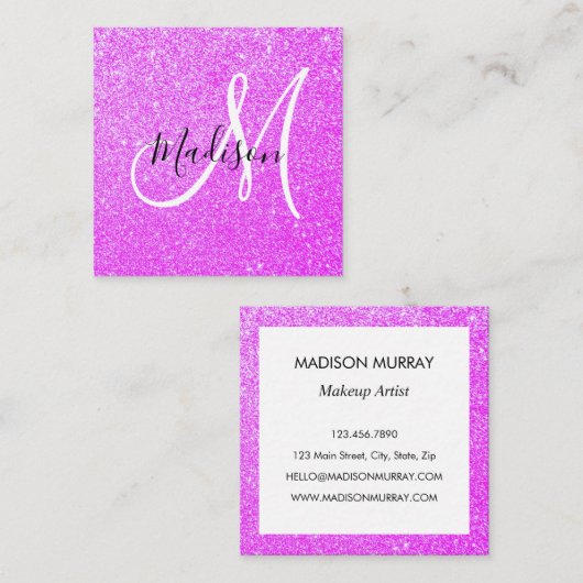 Girly & Glam Lilac Lila Glitzer Sparkle Monogram Quadratische Visitenkarte (Vorne/Hinten)