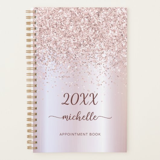 Girly Glam Metal Rose Gold Glitzer Monogram 2023 Planer (Vorderseite)