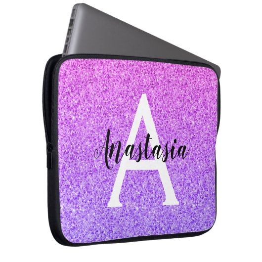 Girly Glam Ombre Lila Glitzer Glitzern Monogram Laptopschutzhülle (Vorne Rechts)