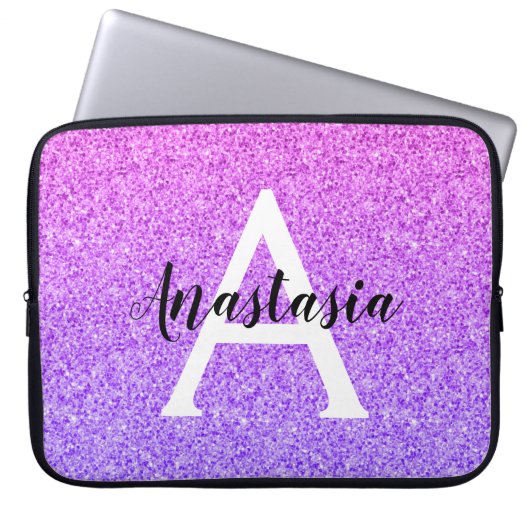 Girly Glam Ombre Lila Glitzer Glitzern Monogram Laptopschutzhülle (Vorderseite)