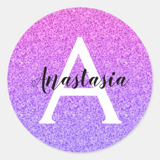 Girly Glam Ombre Lila Glitzer Glitzern Monogram Runder Aufkleber (Vorderseite)