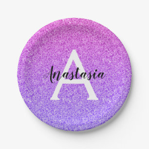 Girly Glam Ombre Lila Glitzer Glitzern Monogramm Pappteller
