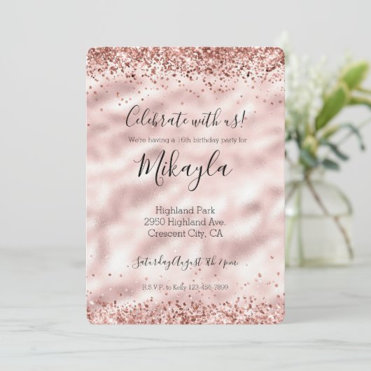 Girly Glam Pink Glitzer Sparkle Confetti Einladung (Stehend Vorderseite)