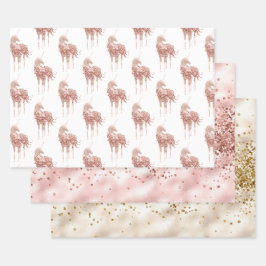 Girly Glam Pink Gold Confetti Glitzer Unicorn Geschenkpapier Set