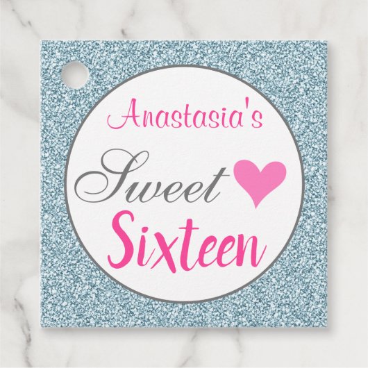Girly & Glam Pink Light Blue Glitzer 16 . Geburtst Geschenkanhänger (Vorderseite)