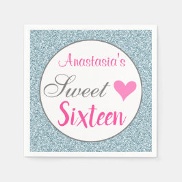 Girly & Glam Pink Light Blue Glitzer 16 . Geburtst Serviette