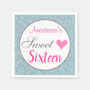 Girly & Glam Pink Light Blue Glitzer 16 . Geburtst Serviette