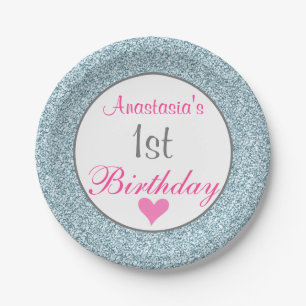 Girly Glam Pink & Light Blue Glitzer 1. Geburtstag Pappteller