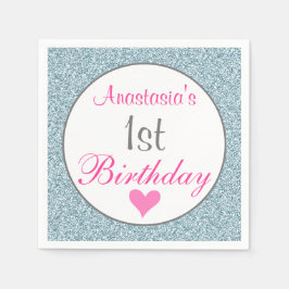 Girly Glam Pink & Light Blue Glitzer 1. Geburtstag Serviette