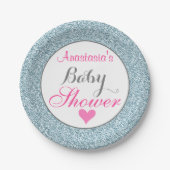 Girly Glam Pink Light Sky Blue Glitzer Babydusche Pappteller (Vorderseite)