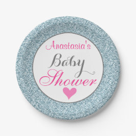 Girly Glam Pink Light Sky Blue Glitzer Babydusche Pappteller