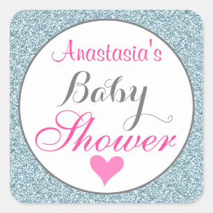 Girly Glam Pink Light Sky Blue Glitzer Babydusche Quadratischer Aufkleber