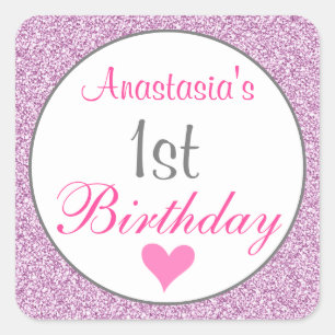 Girly Glam Pink Lilac Lila Glitzer 1. Geburtstag Quadratischer Aufkleber
