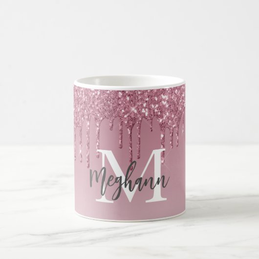 Girly Glam Pink Rose Gold Glitzer Tropfens Monogra Kaffeetasse (Mittel)