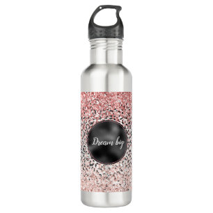 Girly Glam Pink Schwarz-weiß Leopard Print Glitzer Edelstahlflasche