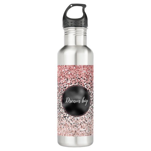 Girly Glam Pink Schwarz-weiß Leopard Print Glitzer Edelstahlflasche (Vorderseite)
