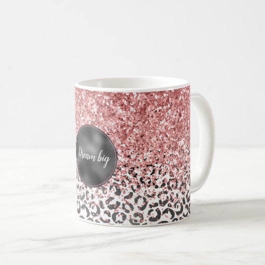 Girly Glam Pink Schwarz-weiß Leopard Print Glitzer Kaffeetasse (VorderseiteRechts)
