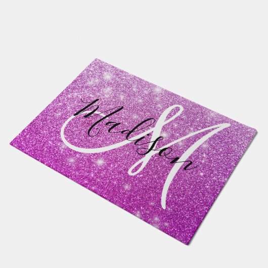 Girly & Glam Purple Glitter Sparkles Monogram Name Fußmatte (Schrägansicht)