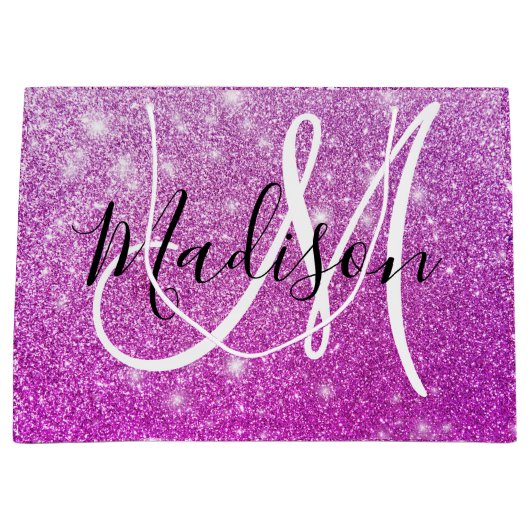 Girly & Glam Purple Glitter Sparkles Monogram Name Große Geschenktüte (Vorderseite)