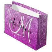 Girly & Glam Purple Glitter Sparkles Monogram Name Große Geschenktüte (Vorderseite Schrägansicht)