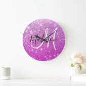 Girly & Glam Purple Glitter Sparkles Monogram Name Große Wanduhr (Zuhause)