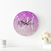 Girly & Glam Purple Glitter Sparkles Monogram Name Große Wanduhr (Zuhause)