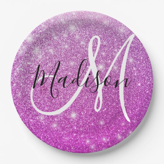 Girly & Glam Purple Glitter Sparkles Monogram Name Pappteller (Vorderseite)